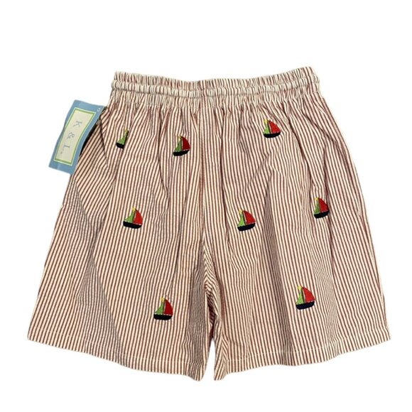 NEW K&L Sz 6 Red Seersucker Embroidered Sailboat Swim Trunks - Picture 3 of 5